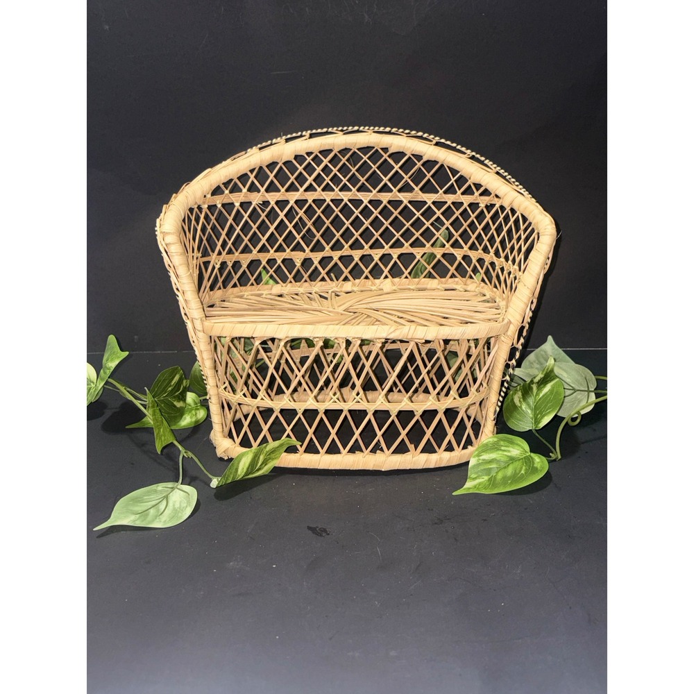 Vtg Miniature Wicker Peacock Loveseat Doll Settee Rattan Plant Stand Boho